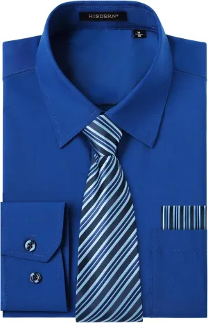 Men's Solid Long Sleeve Dress Shirt with Matching Tie and Handkerchief Set Classic Button Down Formal Business Shirts