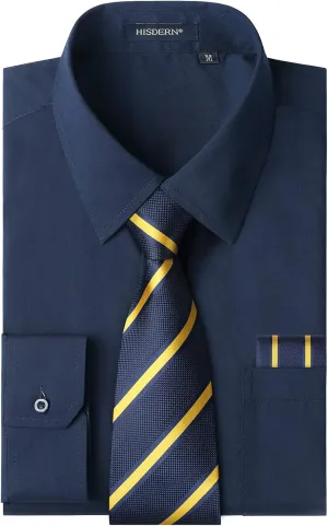 Men's Solid Long Sleeve Dress Shirt with Matching Tie and Handkerchief Set Classic Button Down Formal Business Shirts
