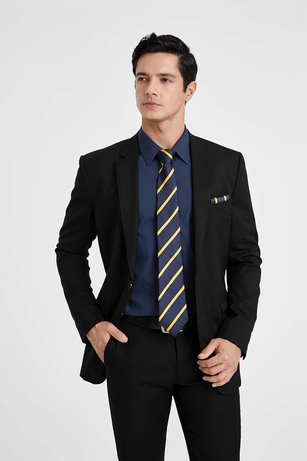 Men's Solid Long Sleeve Dress Shirt with Matching Tie and Handkerchief Set Classic Button Down Formal Business Shirts