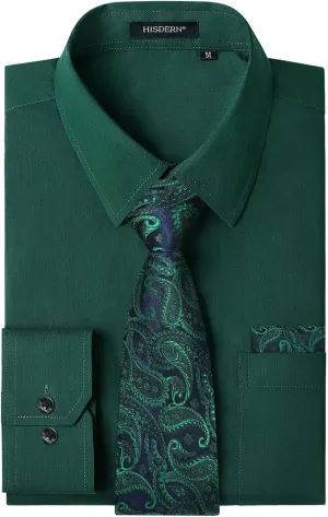 Men's Solid Long Sleeve Dress Shirt with Matching Tie and Handkerchief Set Classic Button Down Formal Business Shirts