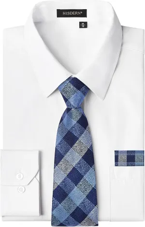 Men's Solid Long Sleeve Dress Shirt with Matching Tie and Handkerchief Set Classic Button Down Formal Business Shirts