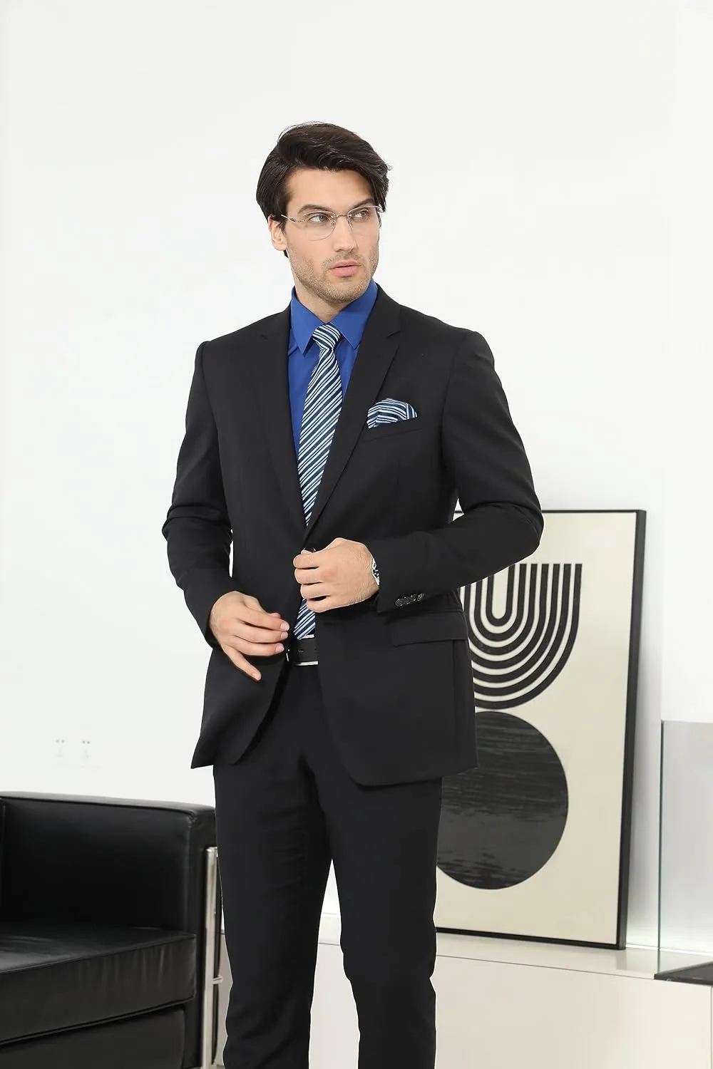 Men's Solid Long Sleeve Dress Shirt with Matching Tie and Handkerchief Set Classic Button Down Formal Business Shirts