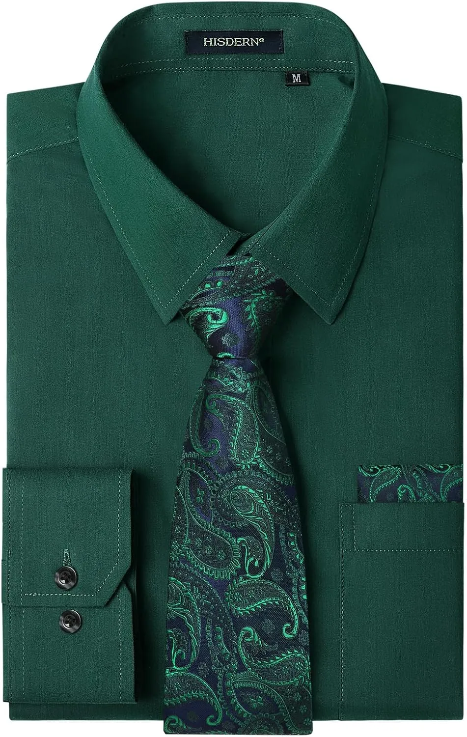 Men's Solid Long Sleeve Dress Shirt with Matching Tie and Handkerchief Set Classic Button Down Formal Business Shirts