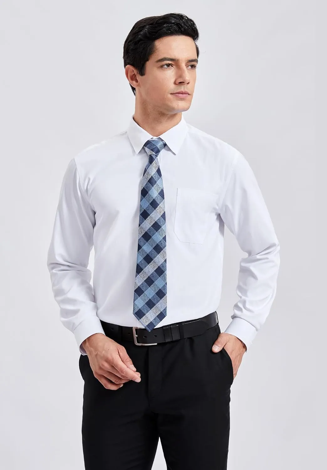 Men's Solid Long Sleeve Dress Shirt with Matching Tie and Handkerchief Set Classic Button Down Formal Business Shirts