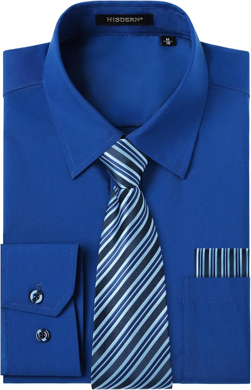 Men's Solid Long Sleeve Dress Shirt with Matching Tie and Handkerchief Set Classic Button Down Formal Business Shirts