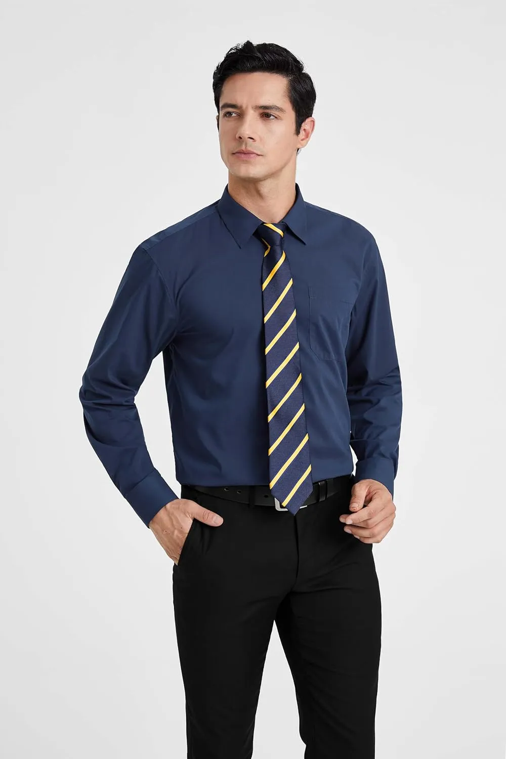 Men's Solid Long Sleeve Dress Shirt with Matching Tie and Handkerchief Set Classic Button Down Formal Business Shirts