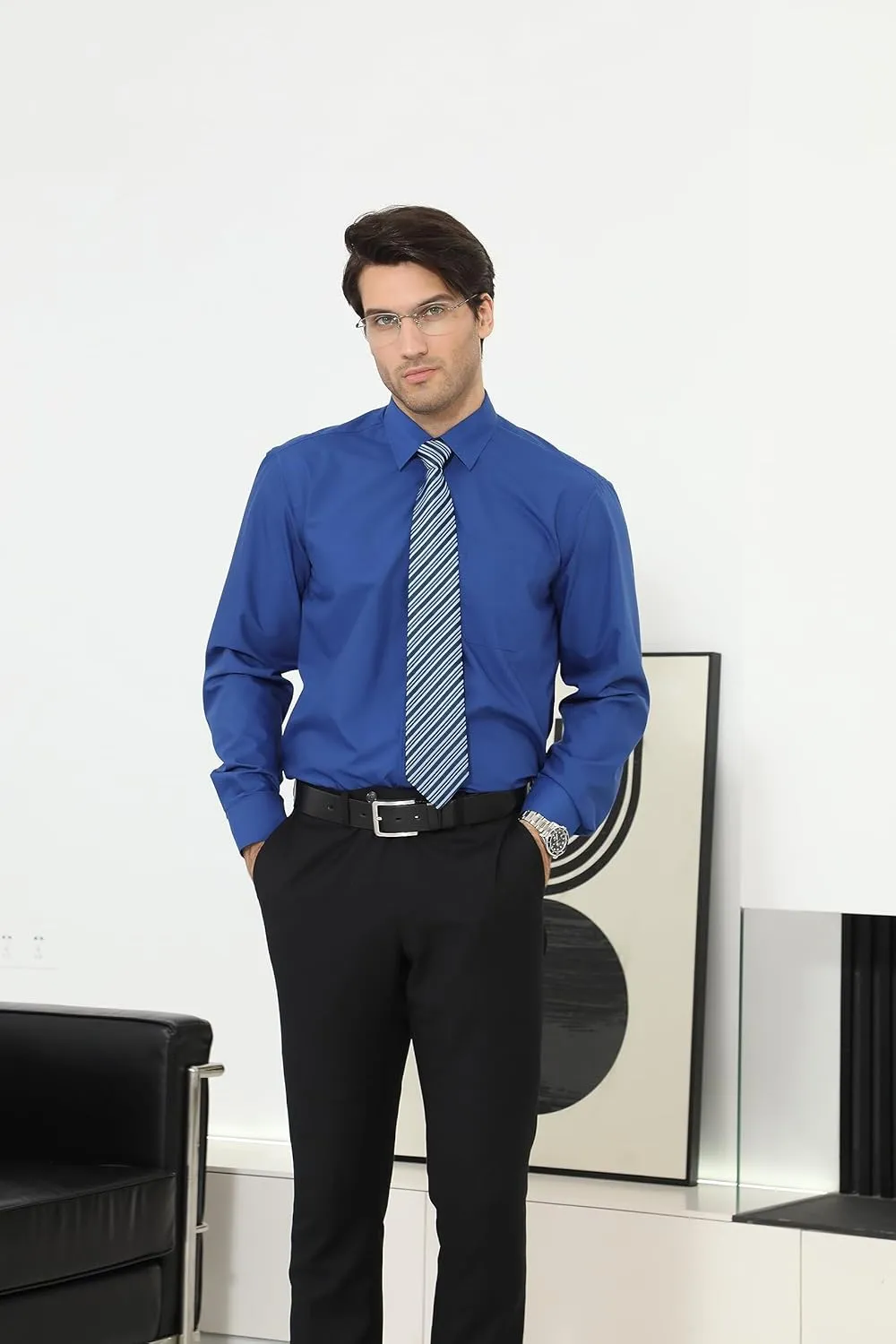 Men's Solid Long Sleeve Dress Shirt with Matching Tie and Handkerchief Set Classic Button Down Formal Business Shirts