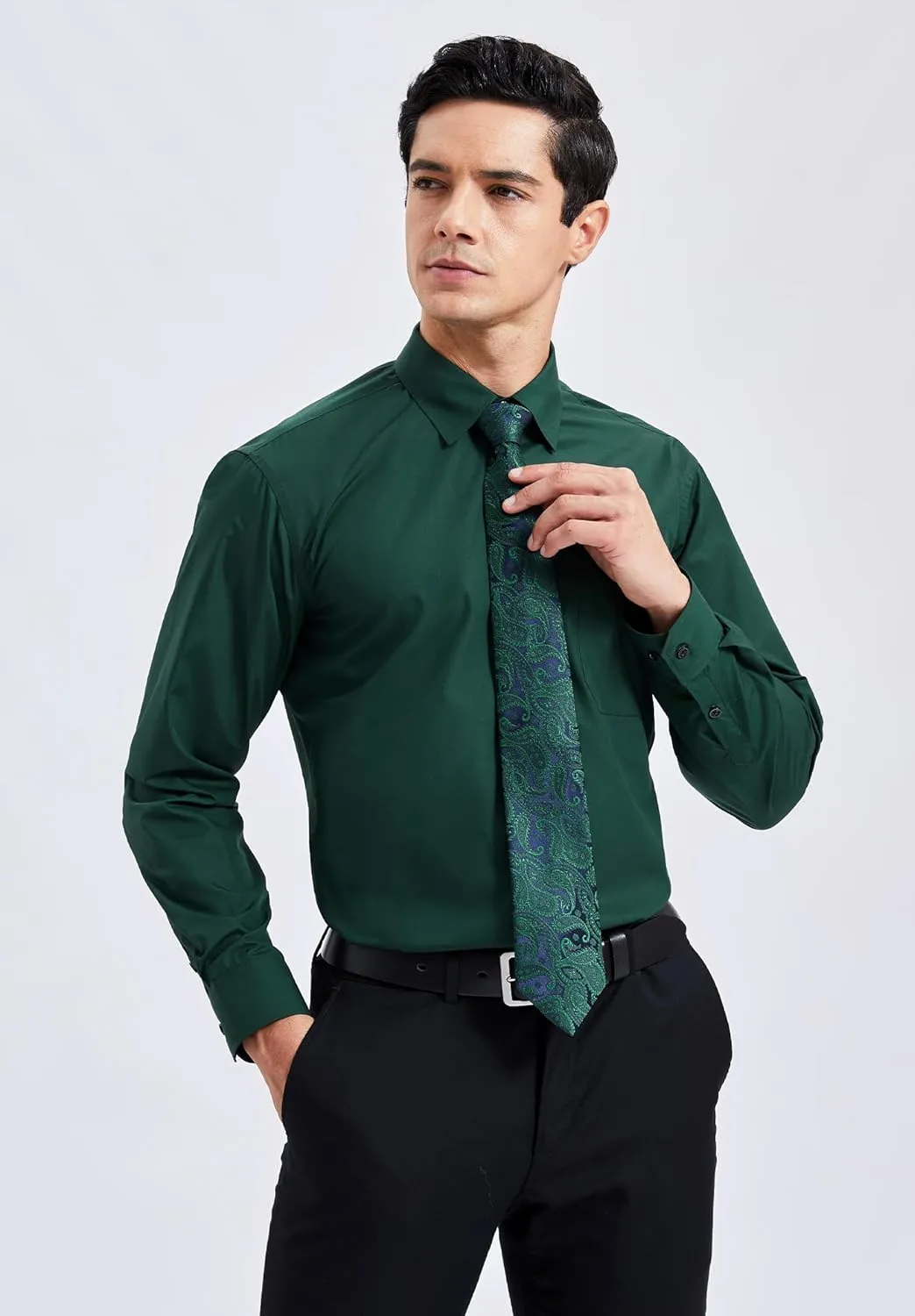 Men's Solid Long Sleeve Dress Shirt with Matching Tie and Handkerchief Set Classic Button Down Formal Business Shirts