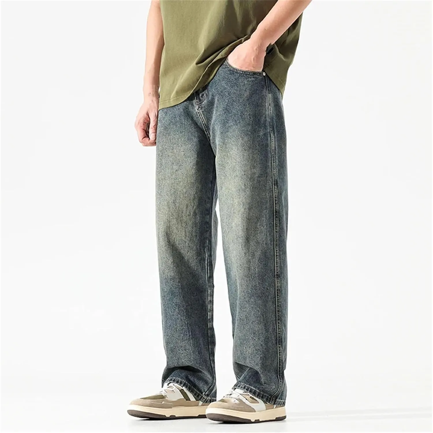 Men's Straight Cut Loose Retro Blue Jeans Fashion Pockets Wide Leg Vintage Jeans with Pockets