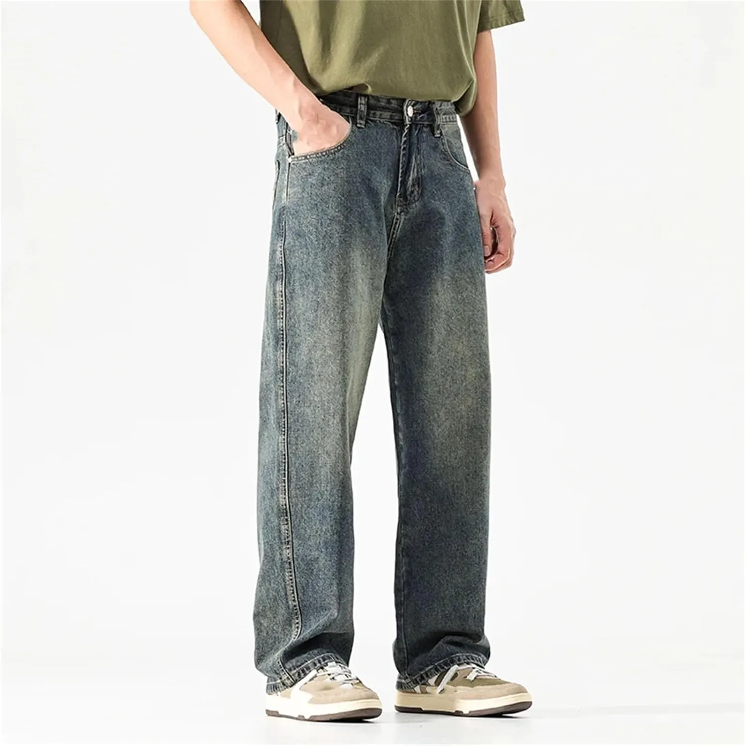 Men's Straight Cut Loose Retro Blue Jeans Fashion Pockets Wide Leg Vintage Jeans with Pockets