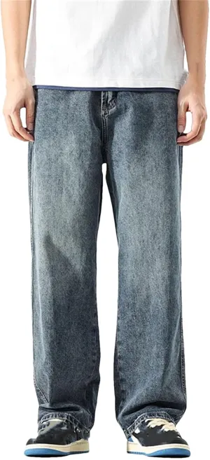 Men's Straight Cut Loose Retro Blue Jeans Fashion Pockets Wide Leg Vintage Jeans with Pockets