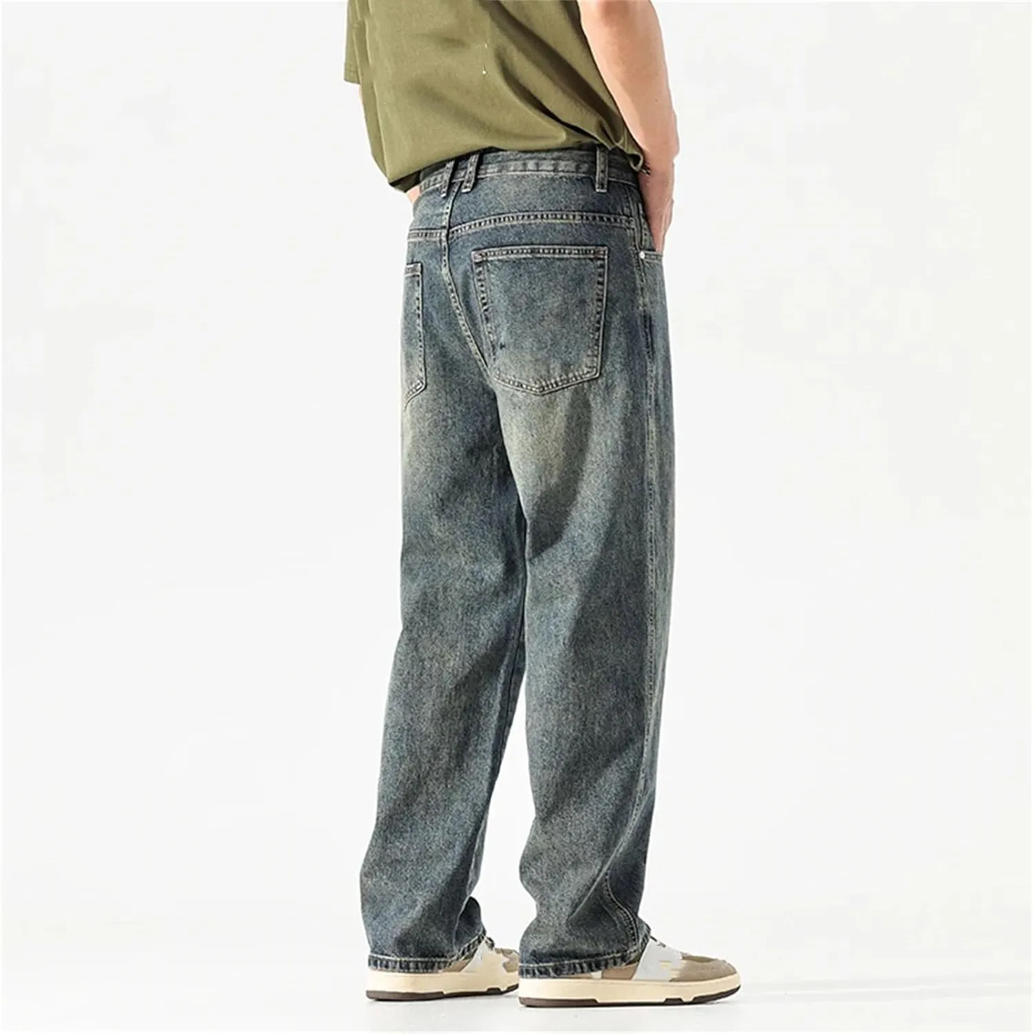 Men's Straight Cut Loose Retro Blue Jeans Fashion Pockets Wide Leg Vintage Jeans with Pockets