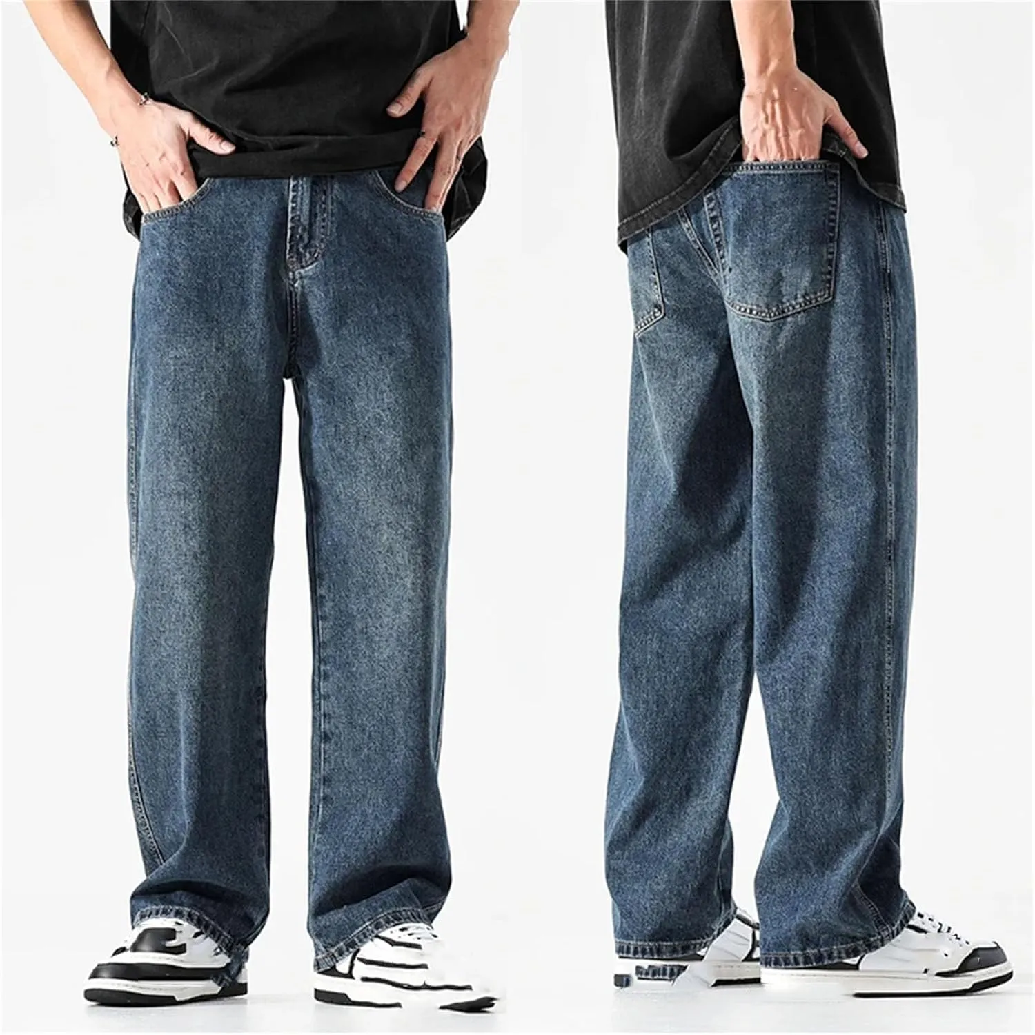 Men's Straight Cut Loose Retro Blue Jeans Fashion Pockets Wide Leg Vintage Jeans with Pockets