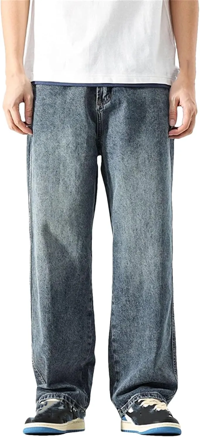 Men's Straight Cut Loose Retro Blue Jeans Fashion Pockets Wide Leg Vintage Jeans with Pockets