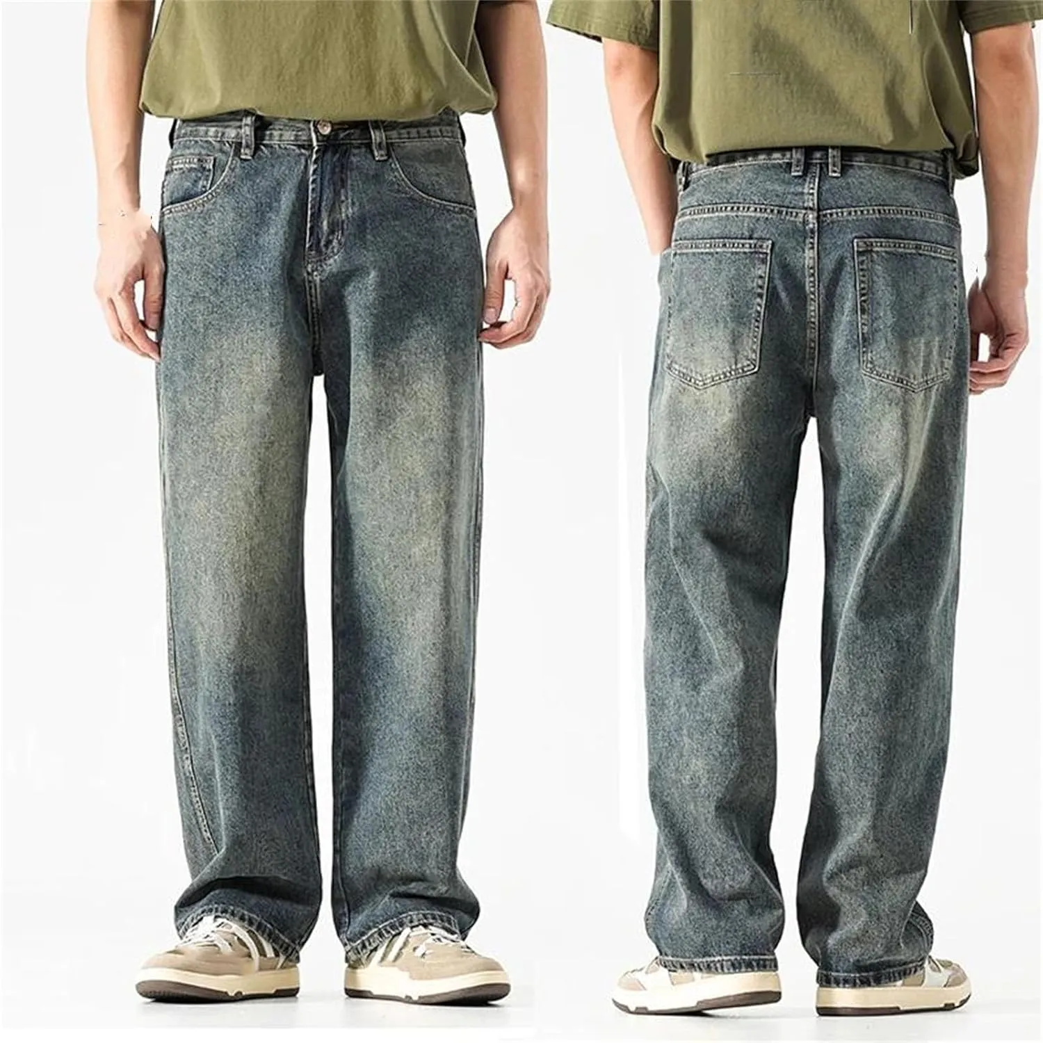 Men's Straight Cut Loose Retro Blue Jeans Fashion Pockets Wide Leg Vintage Jeans with Pockets