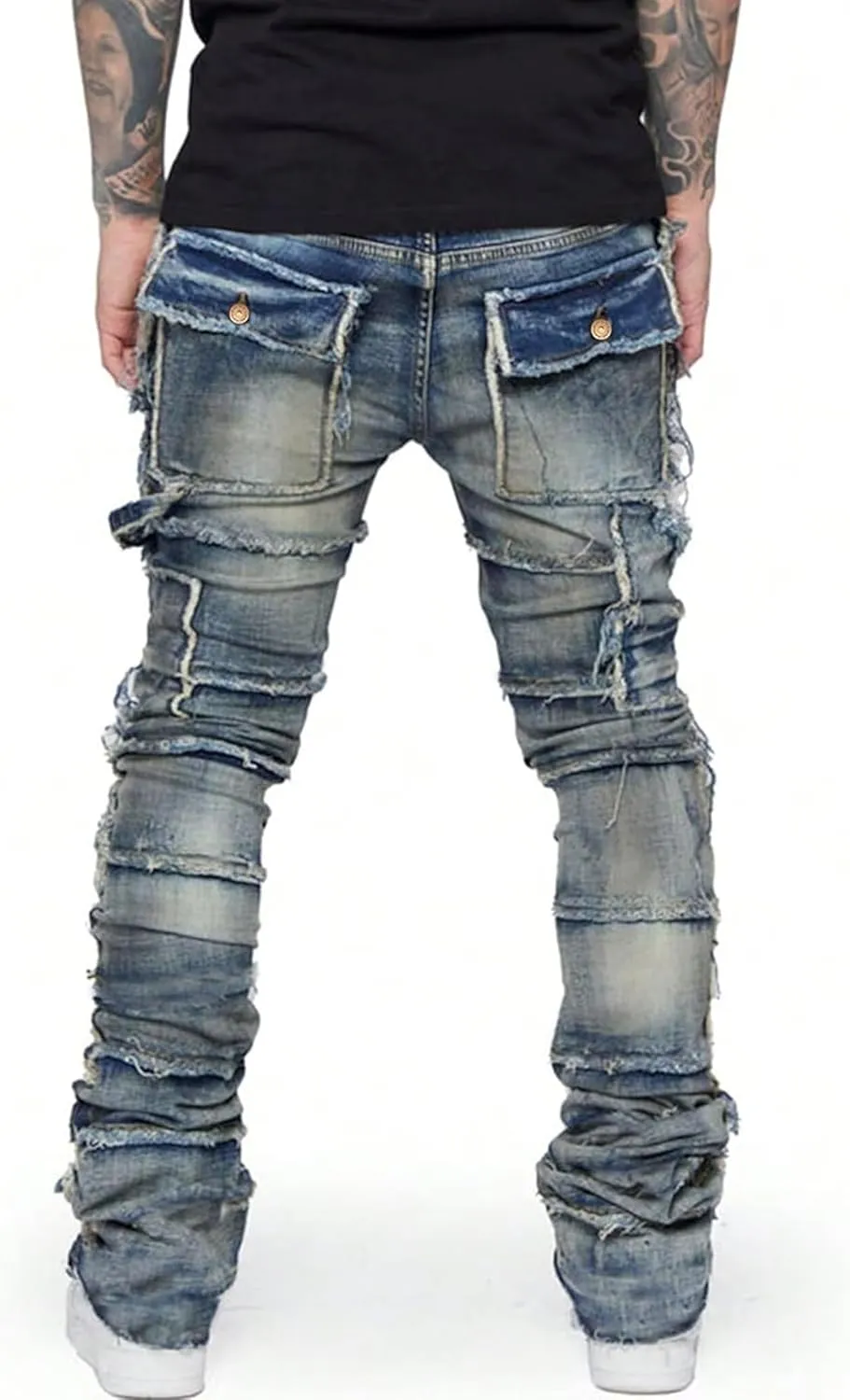 Mens Stretch Slim Fit Jeans Ripped Stacked Pant Straight Leg Cargo Jeans Hip Hop Distressed Pant Trousers