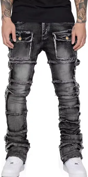 Mens Stretch Slim Fit Jeans Ripped Stacked Pant Straight Leg Cargo Jeans Hip Hop Distressed Pant Trousers