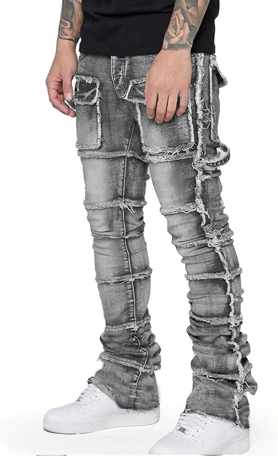 Mens Stretch Slim Fit Jeans Ripped Stacked Pant Straight Leg Cargo Jeans Hip Hop Distressed Pant Trousers