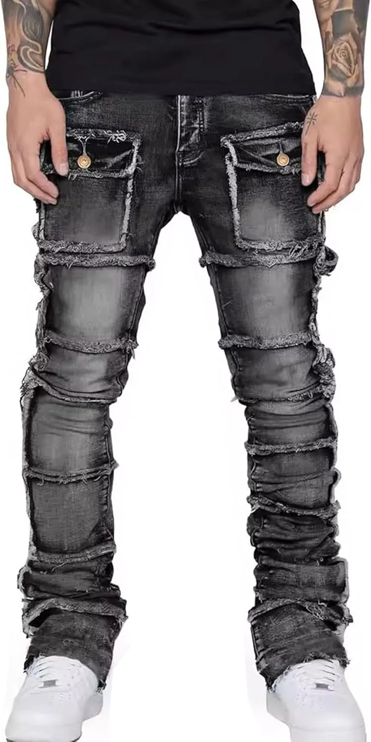Mens Stretch Slim Fit Jeans Ripped Stacked Pant Straight Leg Cargo Jeans Hip Hop Distressed Pant Trousers