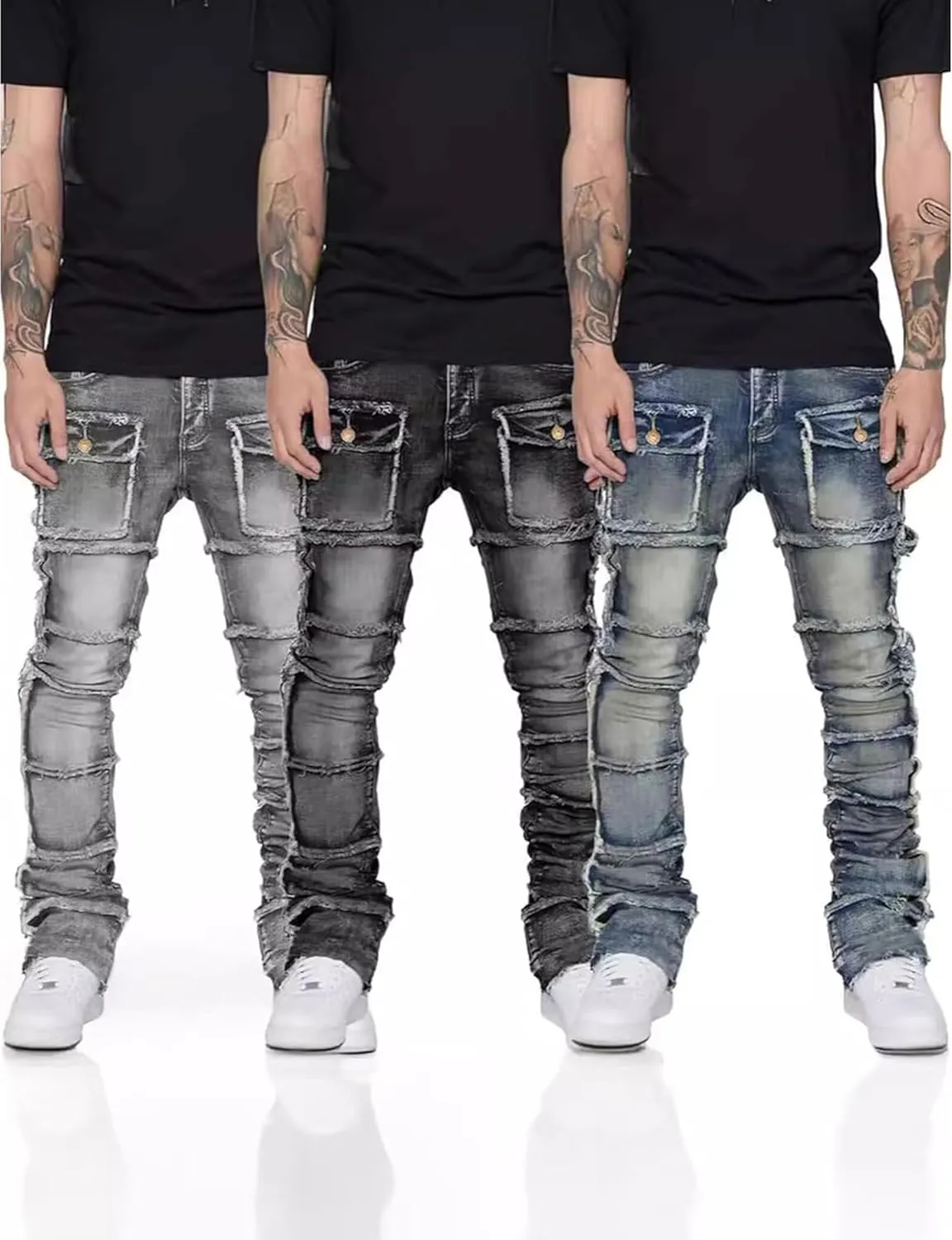 Mens Stretch Slim Fit Jeans Ripped Stacked Pant Straight Leg Cargo Jeans Hip Hop Distressed Pant Trousers