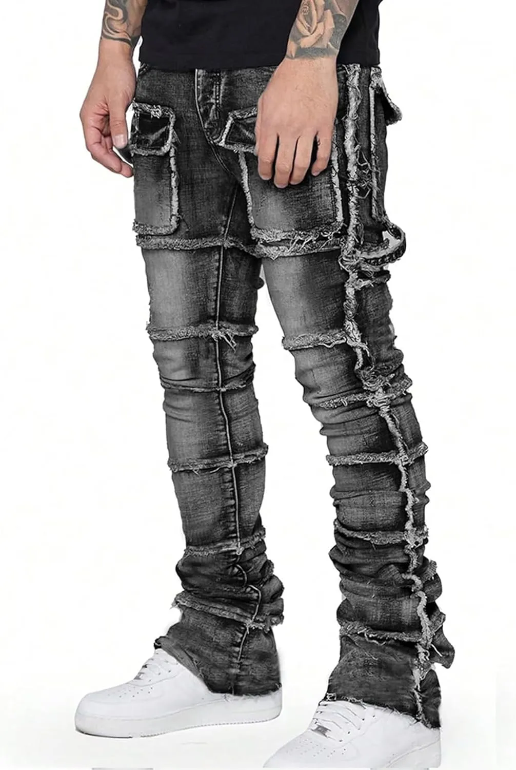Mens Stretch Slim Fit Jeans Ripped Stacked Pant Straight Leg Cargo Jeans Hip Hop Distressed Pant Trousers