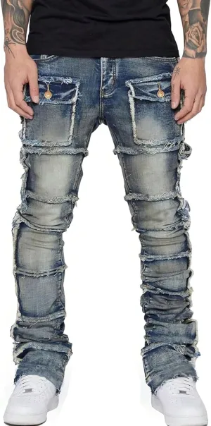 Mens Stretch Slim Fit Jeans Ripped Stacked Pant Straight Leg Cargo Jeans Hip Hop Distressed Pant Trousers