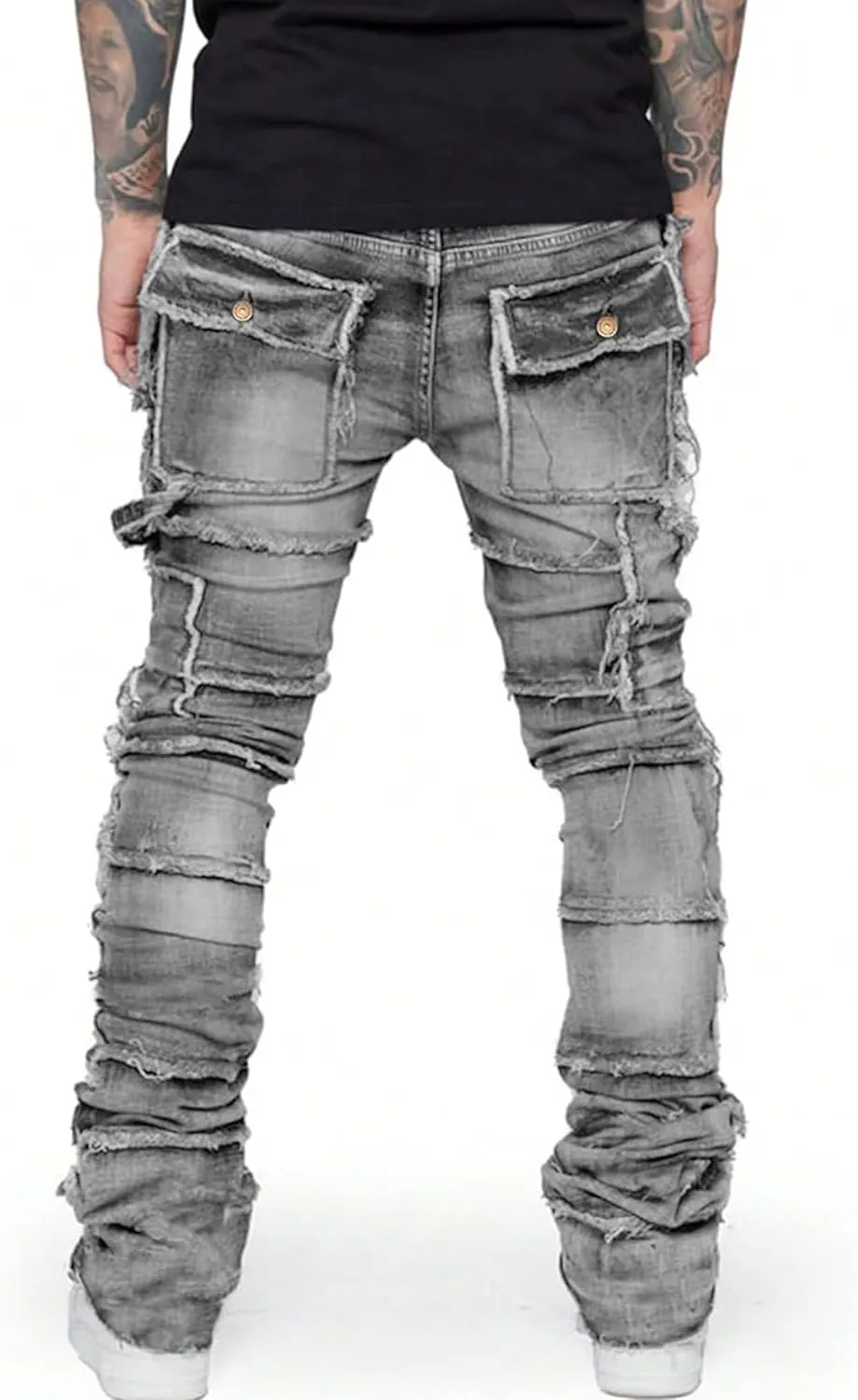 Mens Stretch Slim Fit Jeans Ripped Stacked Pant Straight Leg Cargo Jeans Hip Hop Distressed Pant Trousers