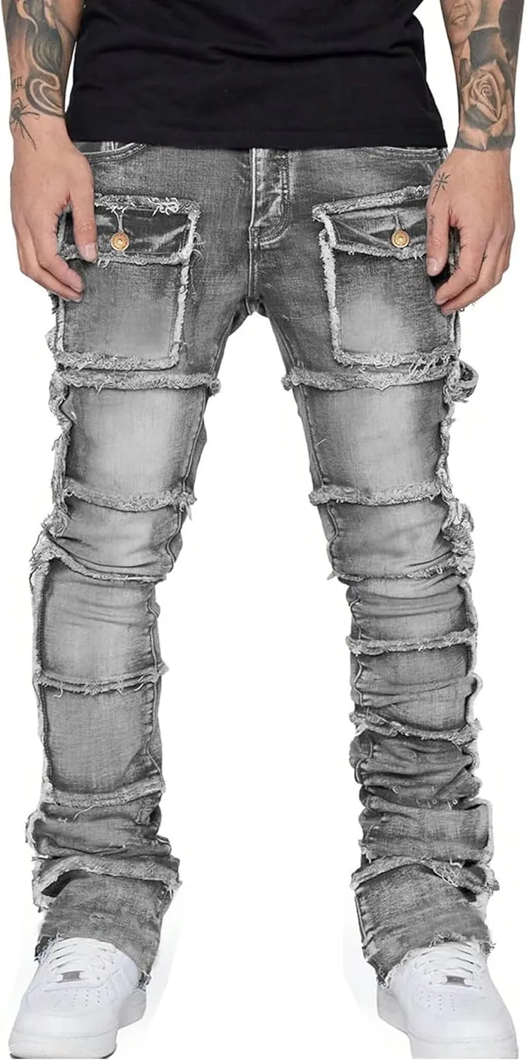 Mens Stretch Slim Fit Jeans Ripped Stacked Pant Straight Leg Cargo Jeans Hip Hop Distressed Pant Trousers