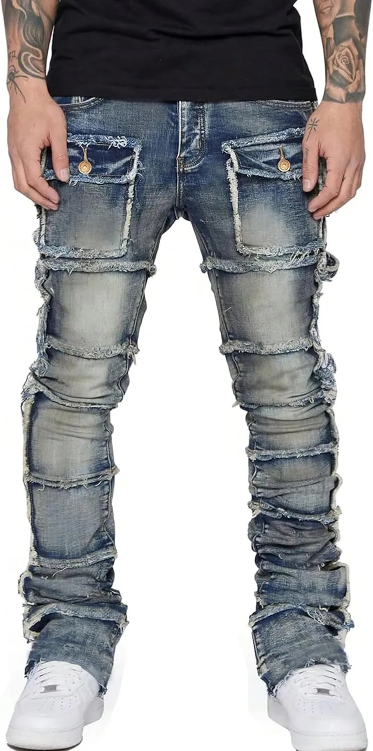Mens Stretch Slim Fit Jeans Ripped Stacked Pant Straight Leg Cargo Jeans Hip Hop Distressed Pant Trousers
