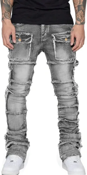 Mens Stretch Slim Fit Jeans Ripped Stacked Pant Straight Leg Cargo Jeans Hip Hop Distressed Pant Trousers
