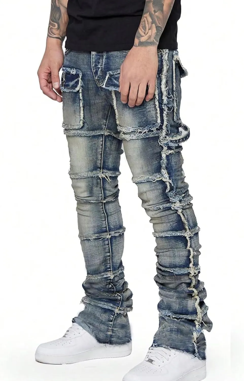 Mens Stretch Slim Fit Jeans Ripped Stacked Pant Straight Leg Cargo Jeans Hip Hop Distressed Pant Trousers