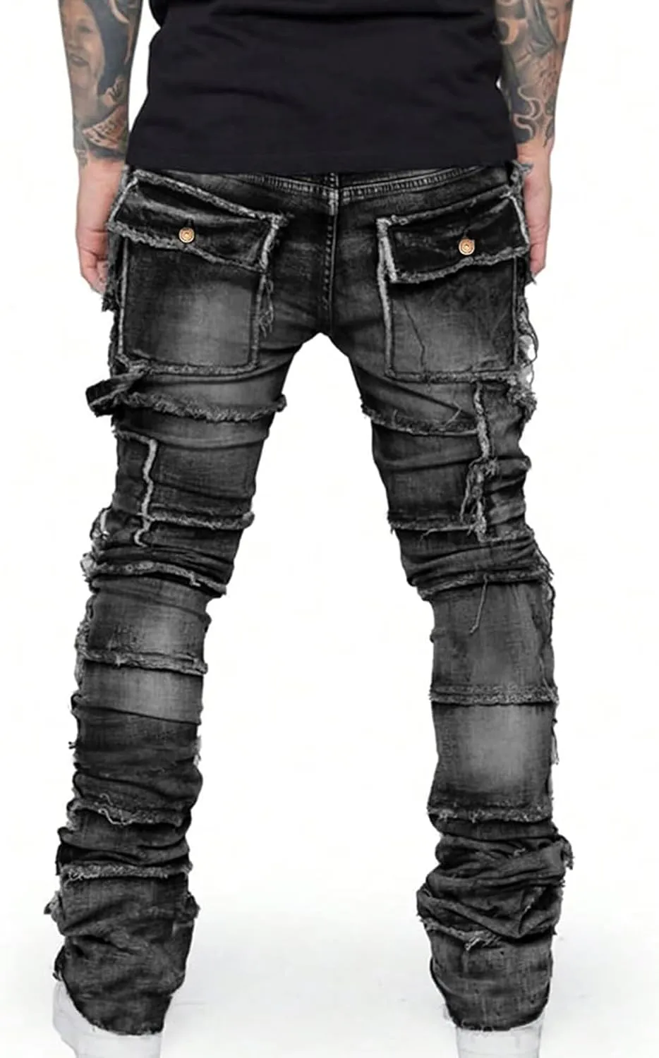 Mens Stretch Slim Fit Jeans Ripped Stacked Pant Straight Leg Cargo Jeans Hip Hop Distressed Pant Trousers