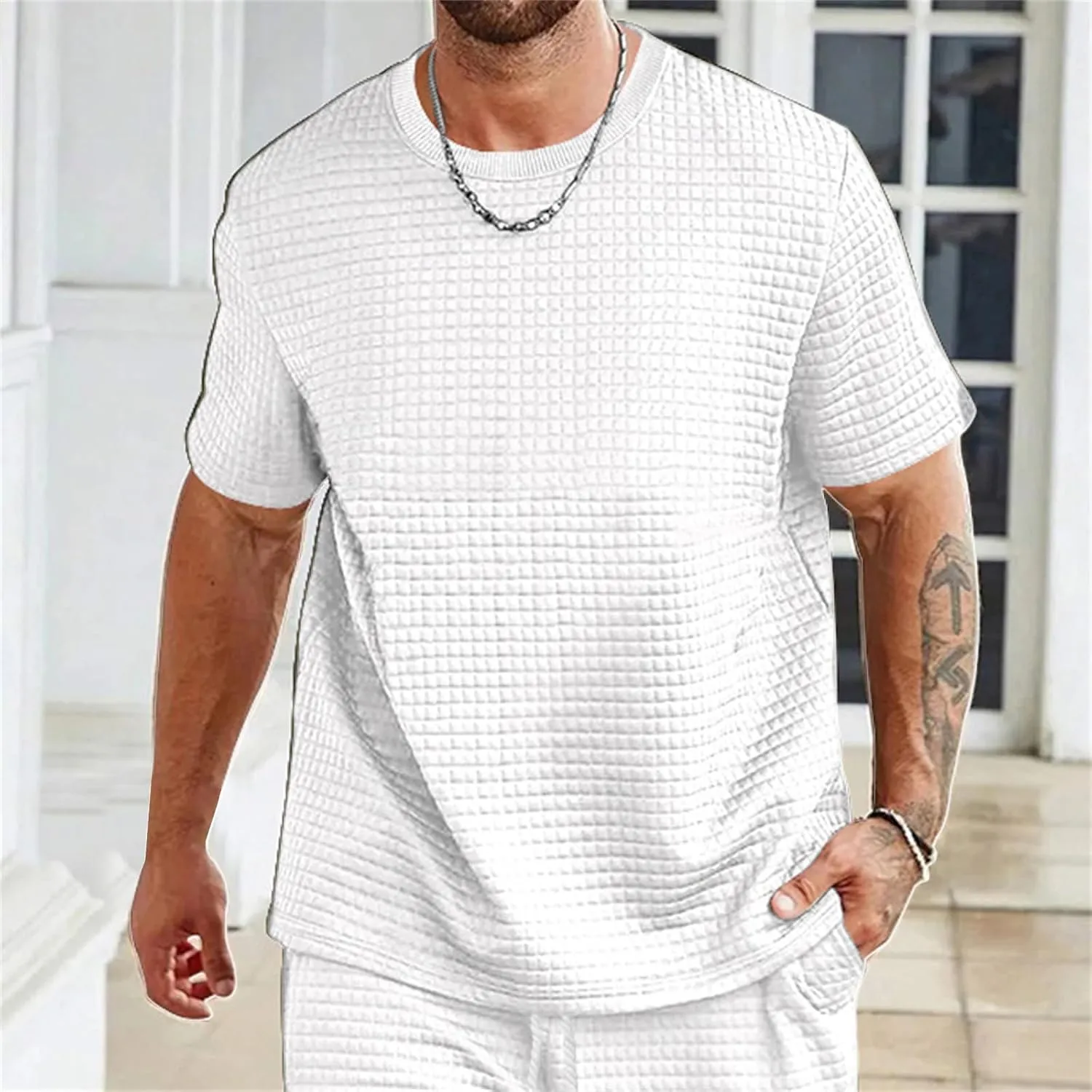 Mens Summer Casual Shirts Short Sleeve Waffle T-shirts Solid Color Crewneck Loose Tees Beach Tops
