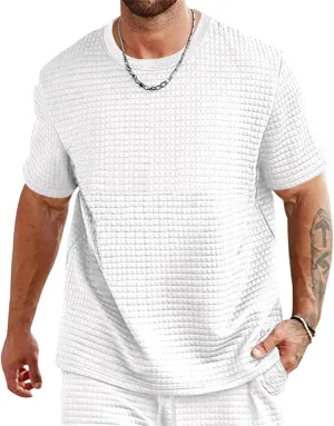 Mens Summer Casual Shirts Short Sleeve Waffle T-shirts Solid Color Crewneck Loose Tees Beach Tops