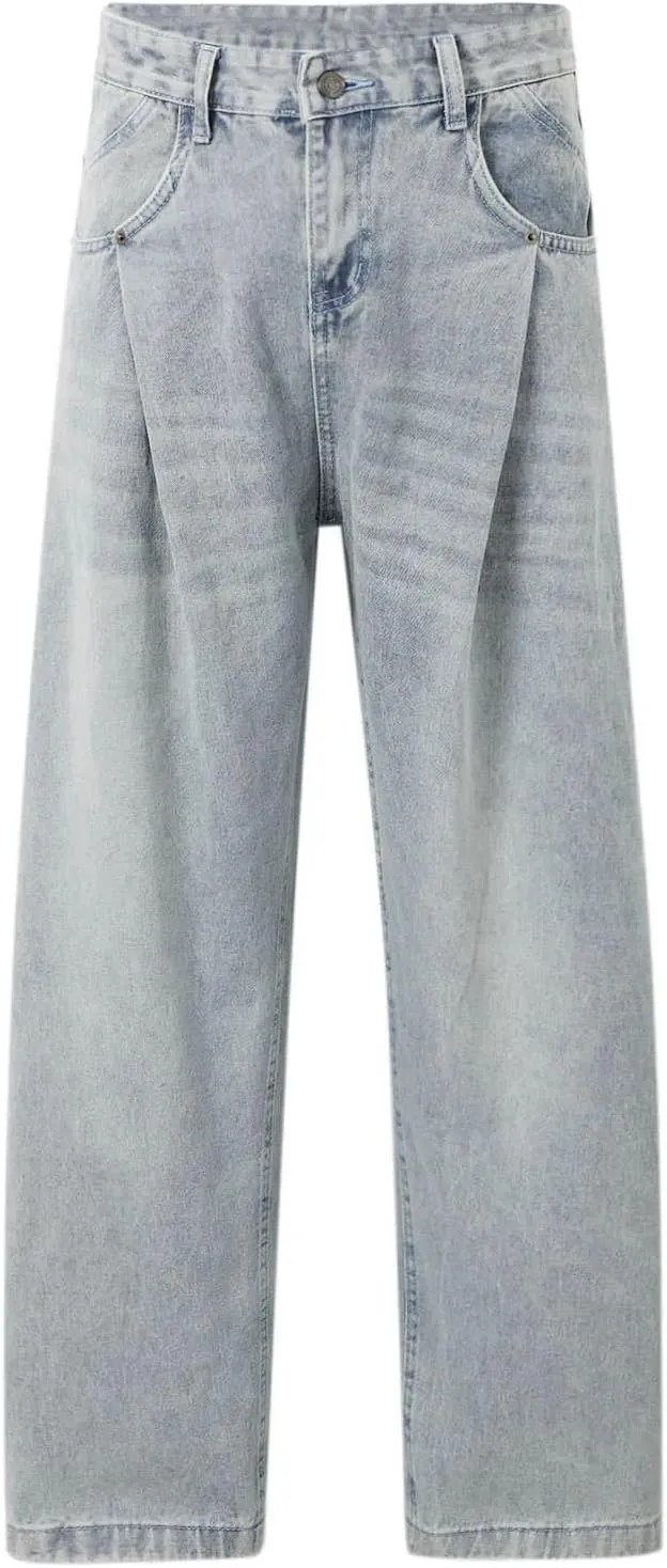 Men's Vintage Baggy High Waist Jeans Motion Relaxed Straight Jean with Pockets