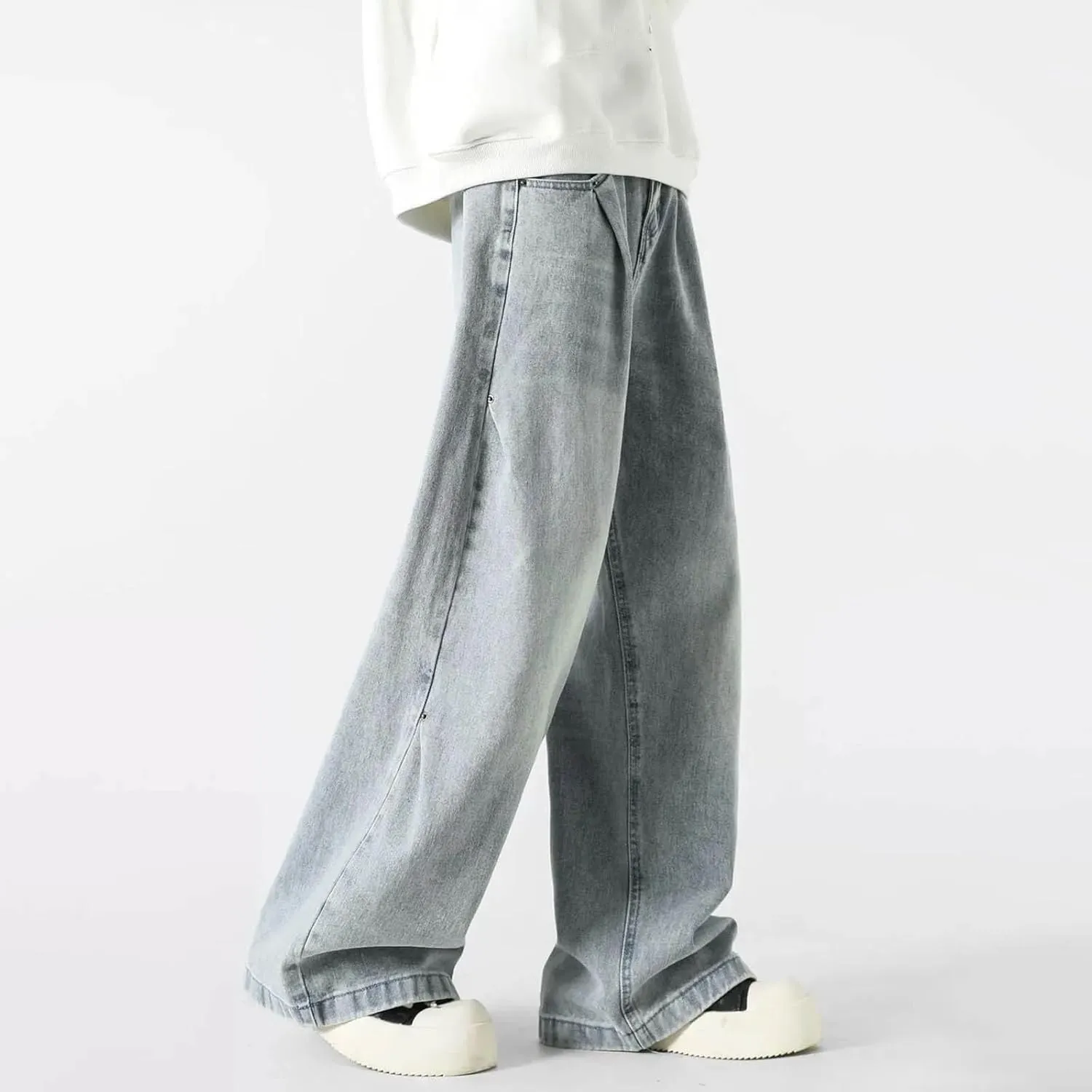 Men's Vintage Baggy High Waist Jeans Motion Relaxed Straight Jean with Pockets
