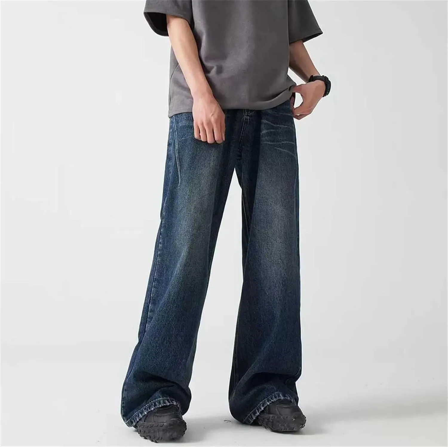 Men's Vintage Distressed Wide Leg Jeans Casual High Waist Pleated Baggy Jeans with Pockets