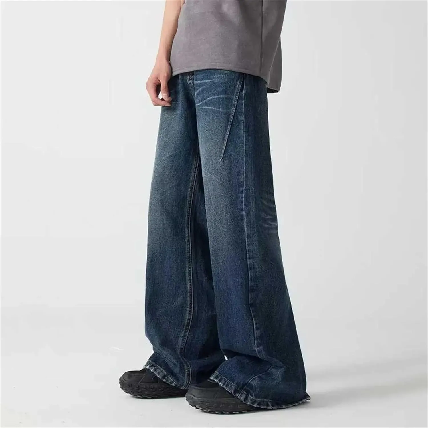 Men's Vintage Distressed Wide Leg Jeans Casual High Waist Pleated Baggy Jeans with Pockets
