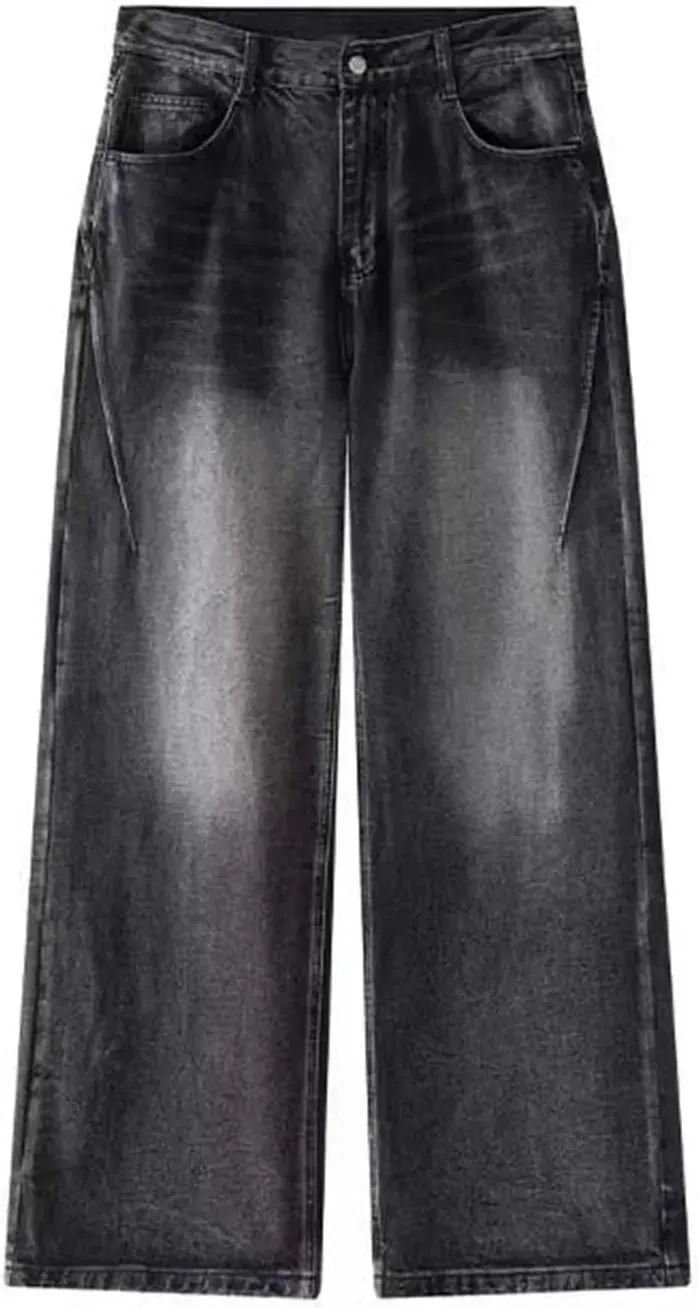 Men's Vintage Distressed Wide Leg Jeans Casual High Waist Pleated Baggy Jeans with Pockets