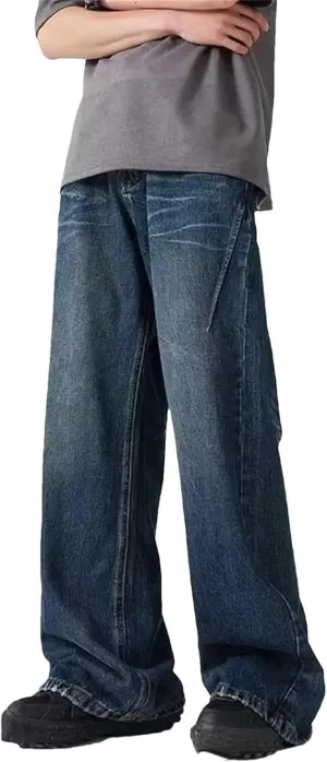 Men's Vintage Distressed Wide Leg Jeans Casual High Waist Pleated Baggy Jeans with Pockets