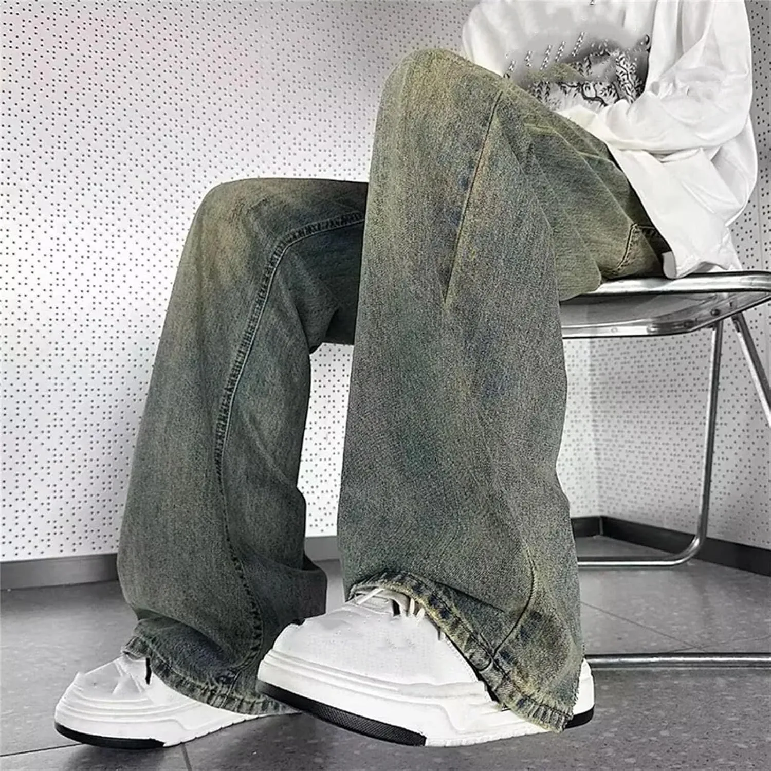 Men's Vintage High Waist Wide Leg Jeans Casual Fashion Straight Loose Blue Jeans with Pockets