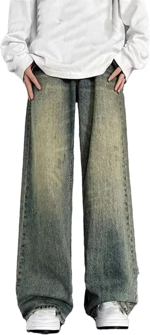 Men's Vintage High Waist Wide Leg Jeans Casual Fashion Straight Loose Blue Jeans with Pockets