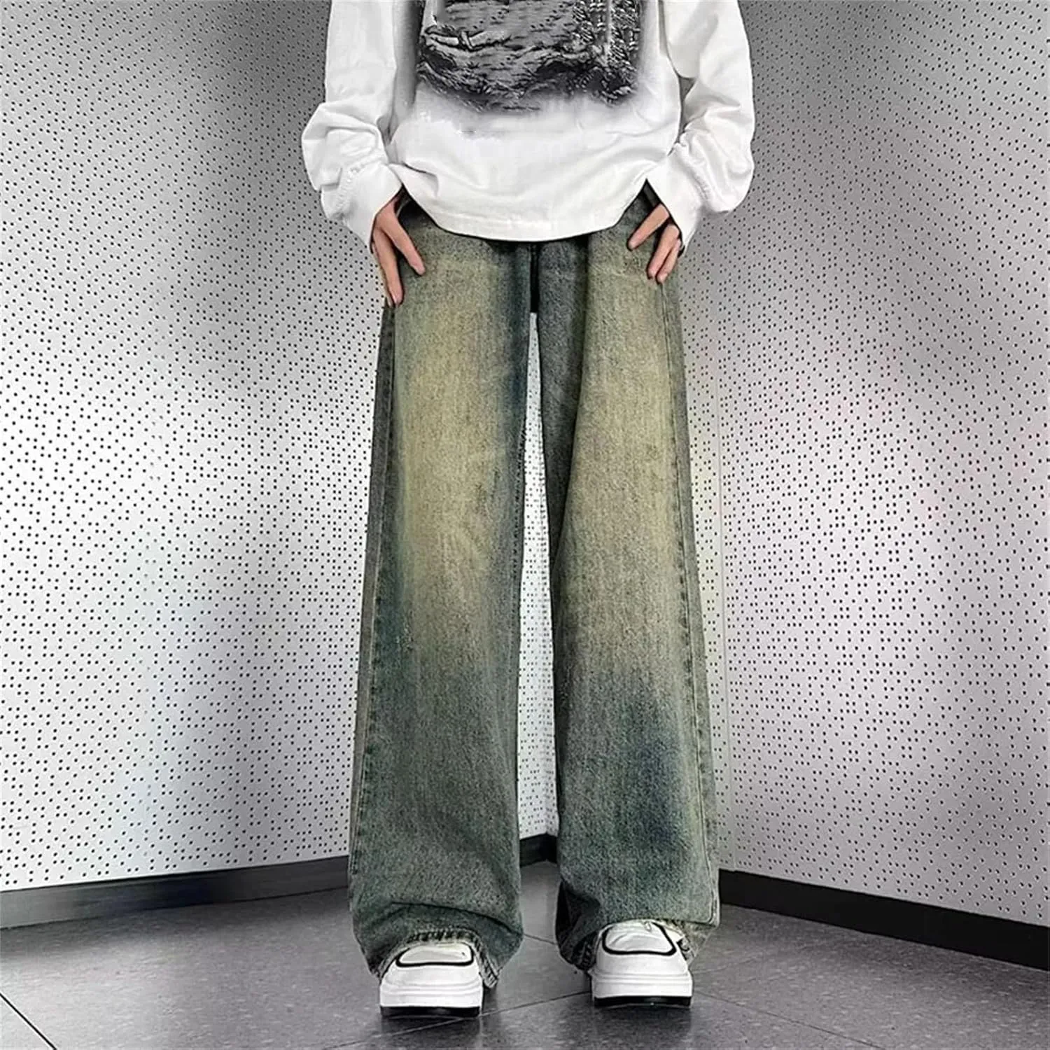Men's Vintage High Waist Wide Leg Jeans Casual Fashion Straight Loose Blue Jeans with Pockets