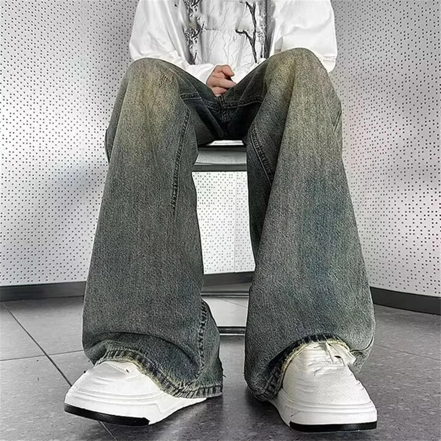 Men's Vintage High Waist Wide Leg Jeans Casual Fashion Straight Loose Blue Jeans with Pockets