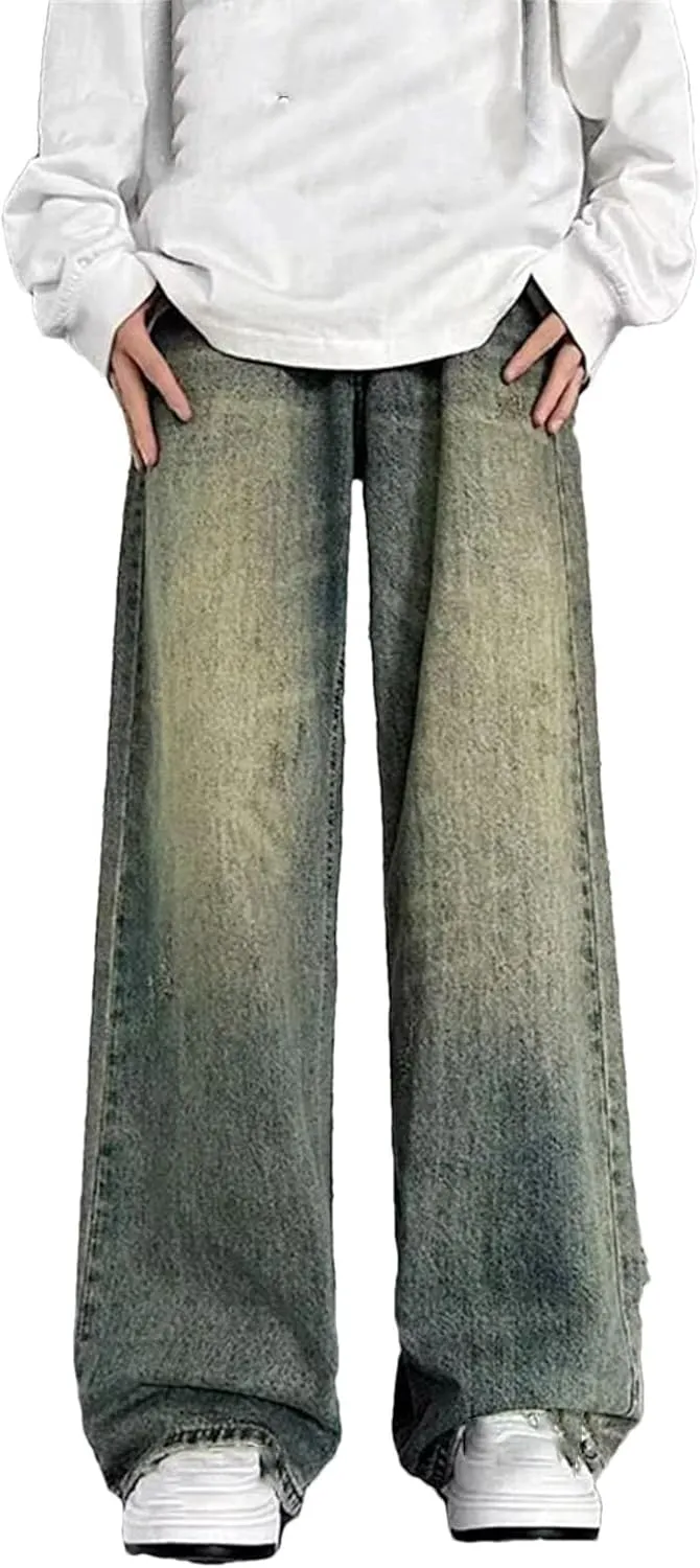 Men's Vintage High Waist Wide Leg Jeans Casual Fashion Straight Loose Blue Jeans with Pockets