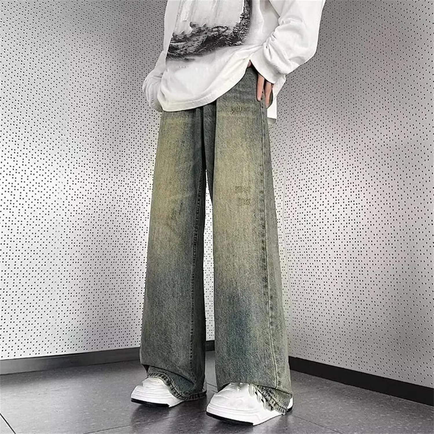 Men's Vintage High Waist Wide Leg Jeans Casual Fashion Straight Loose Blue Jeans with Pockets