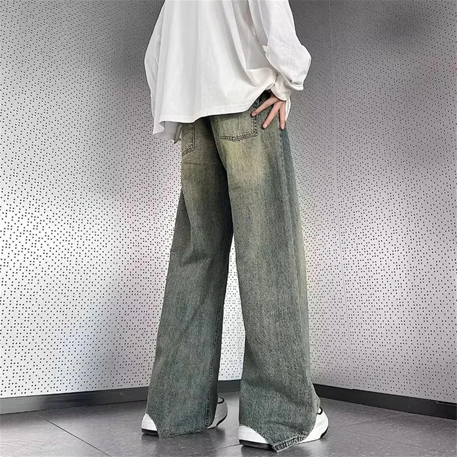 Men's Vintage High Waist Wide Leg Jeans Casual Fashion Straight Loose Blue Jeans with Pockets