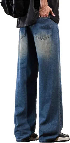 Men's Vintage Loose Casual Straight Wide Leg Jeans Fashion Solid Color High Waist Jeans