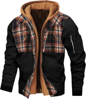 Mens Winter Warm Quilted Lined Flannel Tartan Hooded Jackets Long Sleeve Zip Up Western Moto Biker Thick Coat Outwear