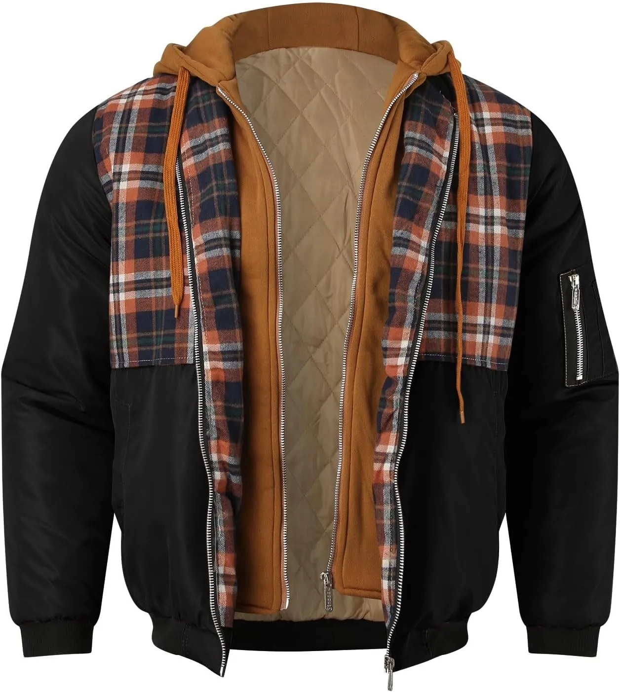 Mens Winter Warm Quilted Lined Flannel Tartan Hooded Jackets Long Sleeve Zip Up Western Moto Biker Thick Coat Outwear